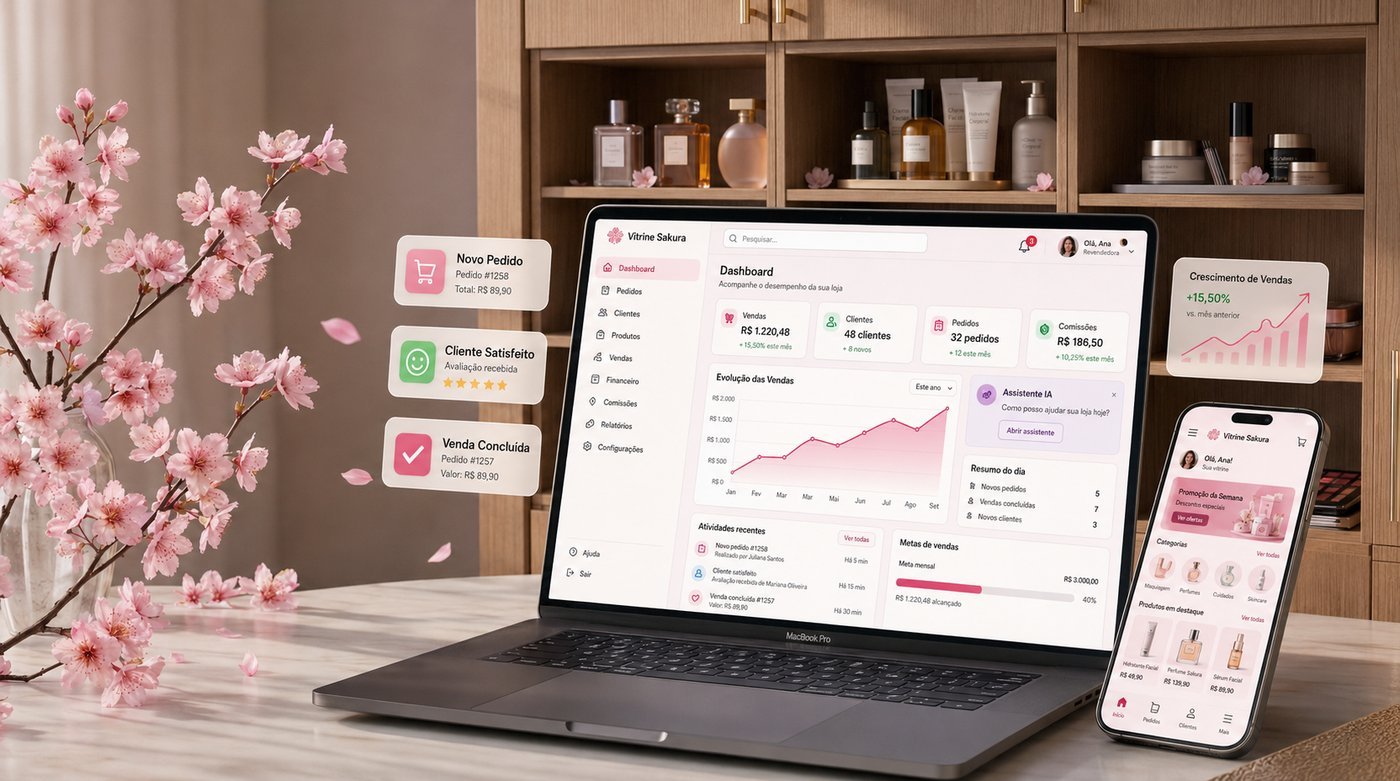 Dashboard da Vitrine Sakura mostrando vendas, pedidos, clientes e comissões